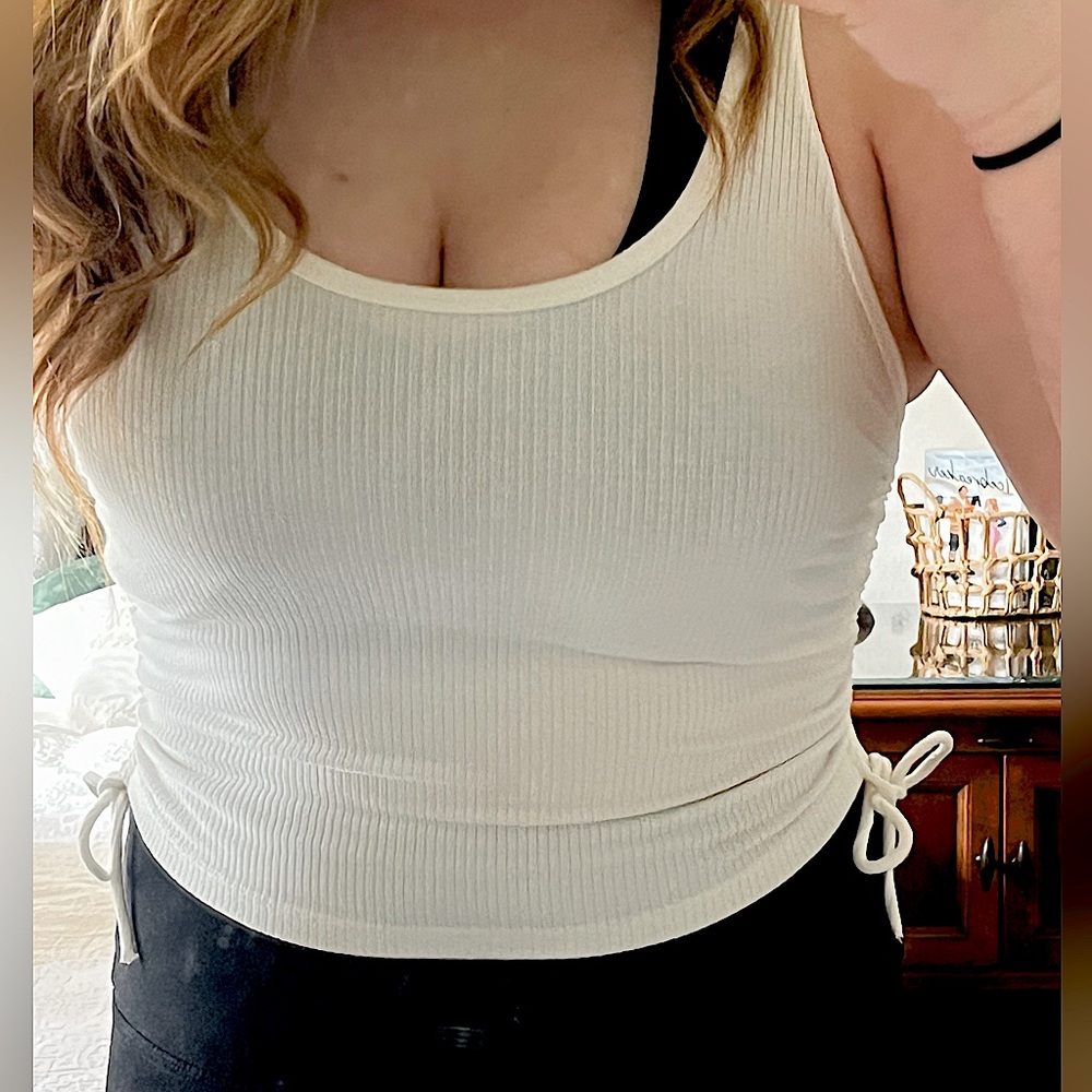 Love Tree, White Tank Top, Drawstring Side Scrunched
